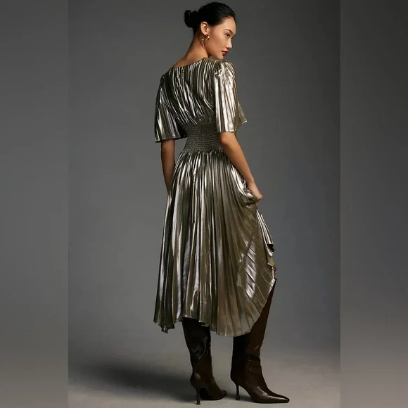 Anthropologie Short-Sleeve Metallic Cutout Midi Dress Holiday Party Pleated 1X - Picture 3 of 8